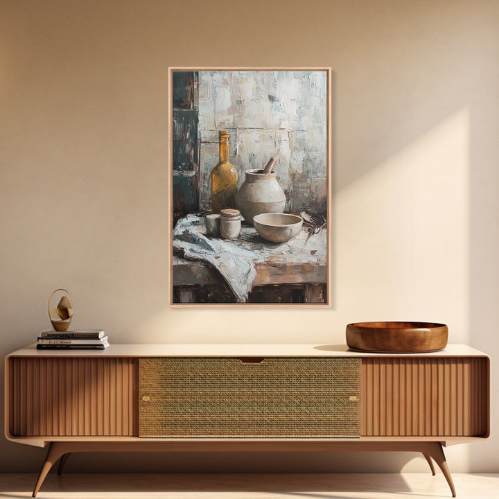Rustic Pottery Bowl And Olive Bottle Wall Art, Neutral Kitchen Still Life Painting, Farmhouse Framed Canvas Print For Dining Room Decor