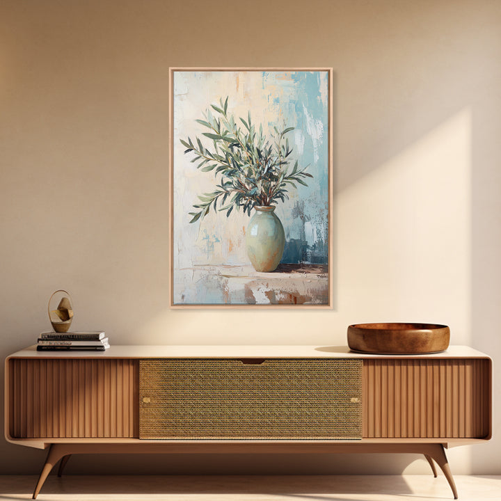 Olive Branches In Ceramic Vase Canvas Print, Mediterranean Botanical Wall Art, Minimalist Kitchen Decor, Neutral Home Decor