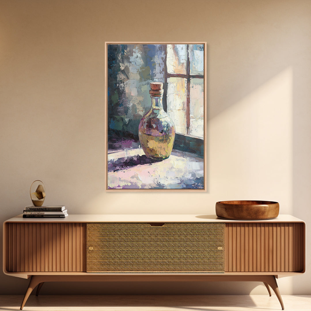 Sunlit Glass Bottle By Window Wall Art, Moody Still Life Painting, Rustic Kitchen Decor, Contemporary Canvas Print For Home