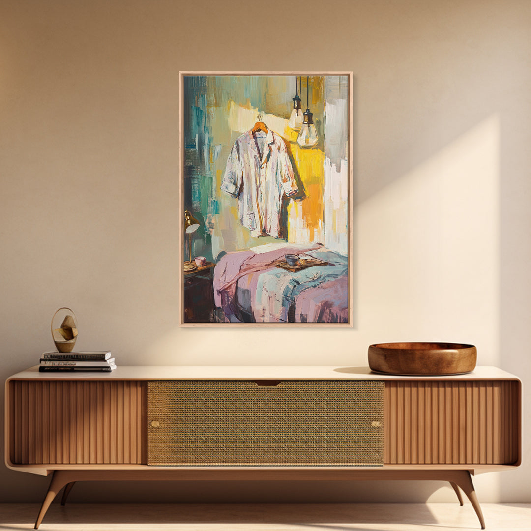 Cozy Bedroom With Hanging Shirt Canvas Print, Warm Guest Room Wall Art, Airbnb Wall Decor And Modern Farmhouse Decor Gift
