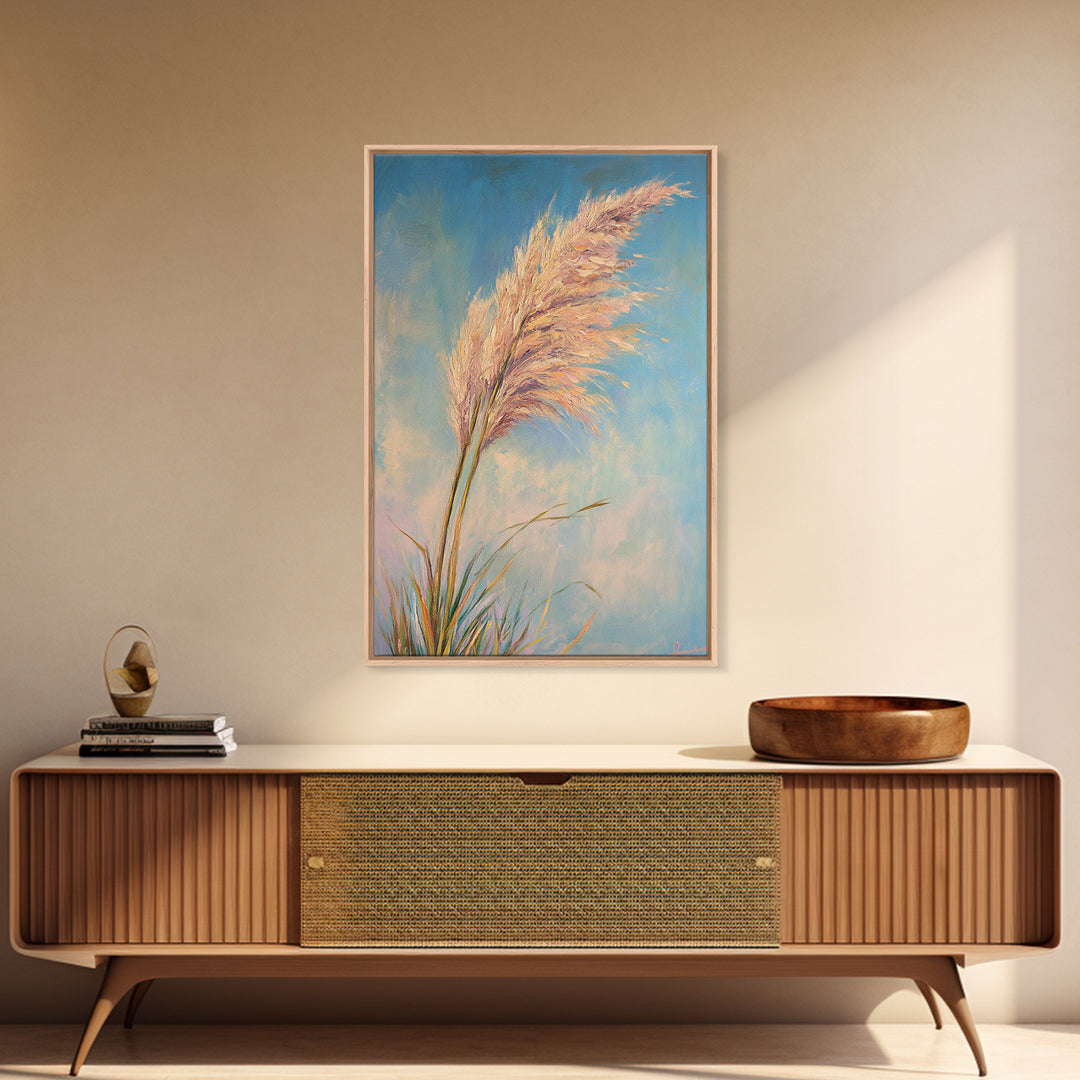 Pink Pampas Grass Against Blue Sky Framed Canvas Print, Coastal Botanical Wall Art For Boho Bedroom Decor And Nature Gift