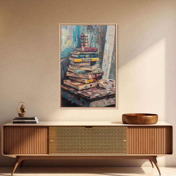 Stack Of Weathered Books Canvas Print, Cozy Library Wall Art For Reading Nook Decor, Book Lover Gift And Office Decor Print