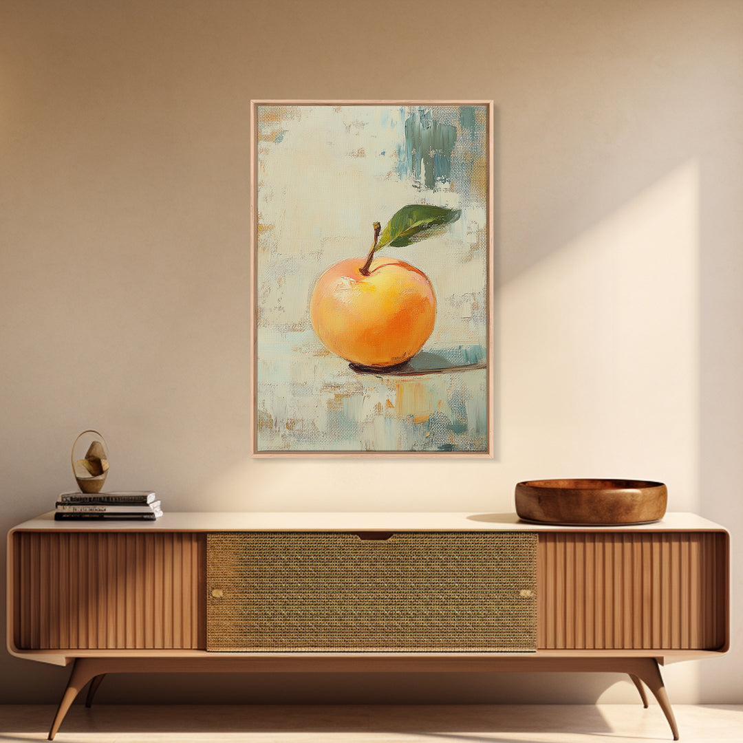 Golden Apple With Green Leaf Canvas Print, Minimal Fruit Still Life Wall Art For Kitchen Decor And Modern Farmhouse Wall Decor