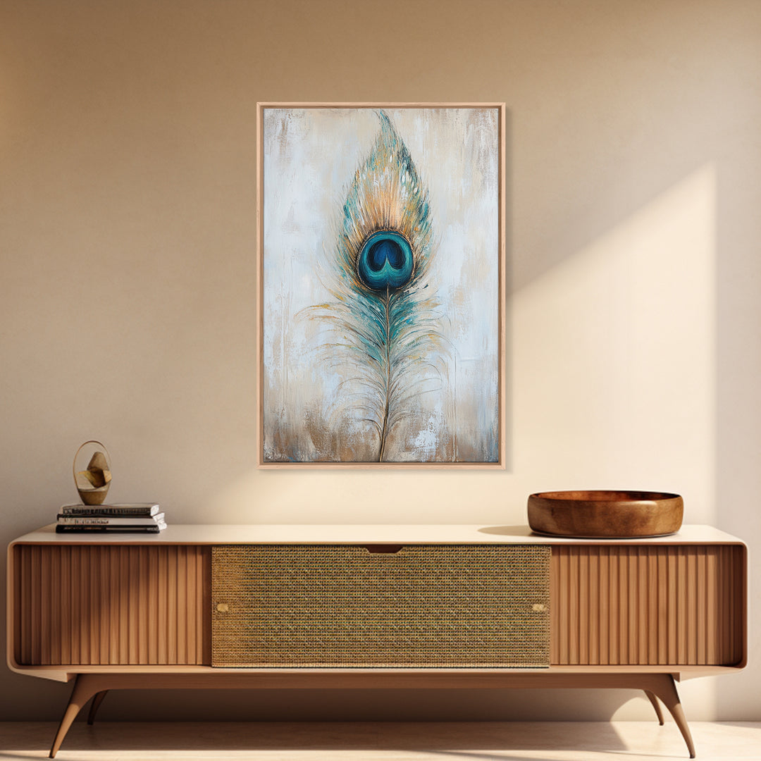 Blue Peacock Feather Wall Art, Boho Bird Feather Canvas Wall Decor, Teal Gold Nature Print, Neutral Living Room Decor, Home Decor