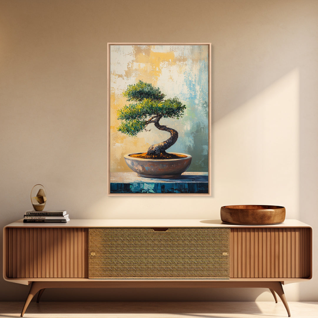 Twisted Bonsai Tree In Bowl Framed Canvas Print, Zen Wall Art, Japandi Home Decor, Mindfulness Office Decor Gift For Meditation Room