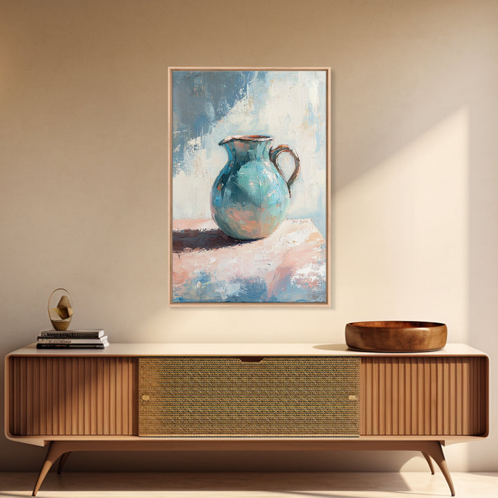 Turquoise Ceramic Pitcher Canvas Print, Rustic Kitchen Wall Art, Coastal Home Decor, Still Life Painting, Gift For Her, Fine Art