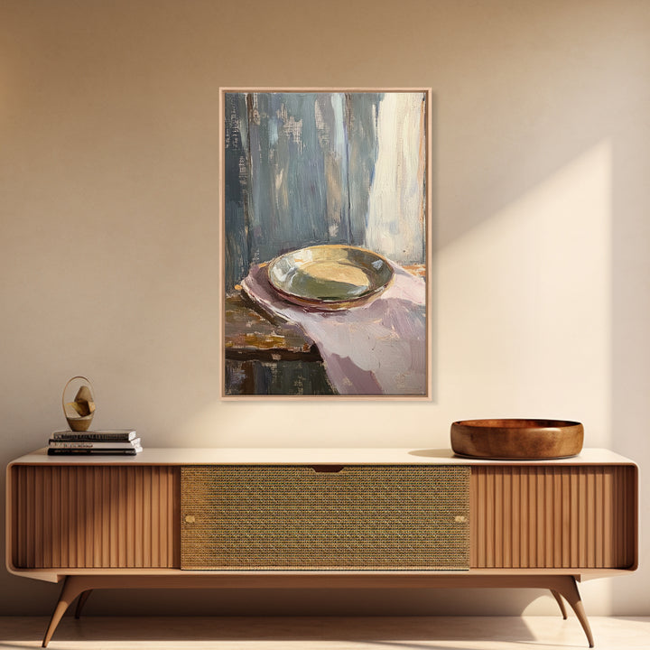 Shallow Ceramic Bowl On Linen Framed Canvas Print, Minimalist Kitchen Wall Art, Neutral Home Decor, Moody Still Life Painting