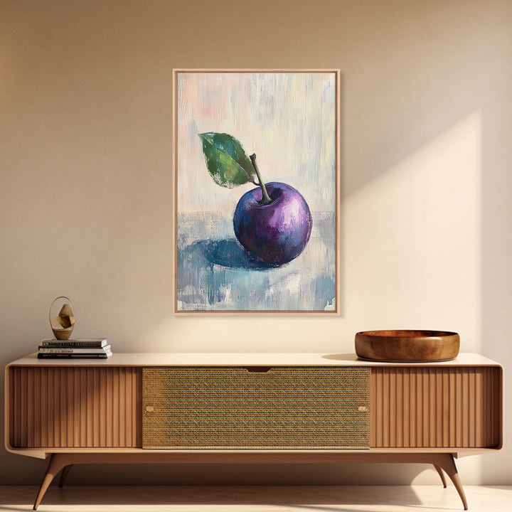 Purple Plum With Green Leaf Canvas Print, Still Life Fruit Art For Kitchen Wall Art, Rustic Farmhouse Home Decor Gift For Her