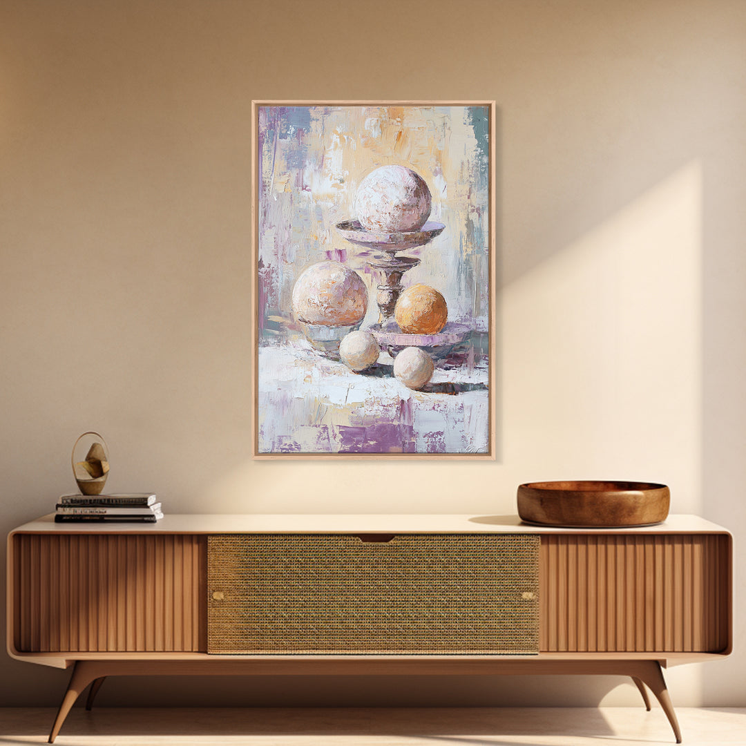 Textured White And Orange Spheres Canvas Print, Abstract Still Life Wall Art, Modern Neutral Decor For Living Room Gift For Her