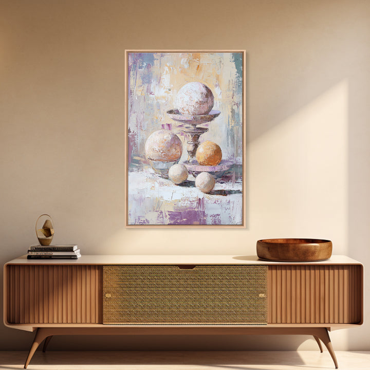Textured White And Orange Spheres Canvas Print, Abstract Still Life Wall Art, Modern Neutral Decor For Living Room Gift For Her