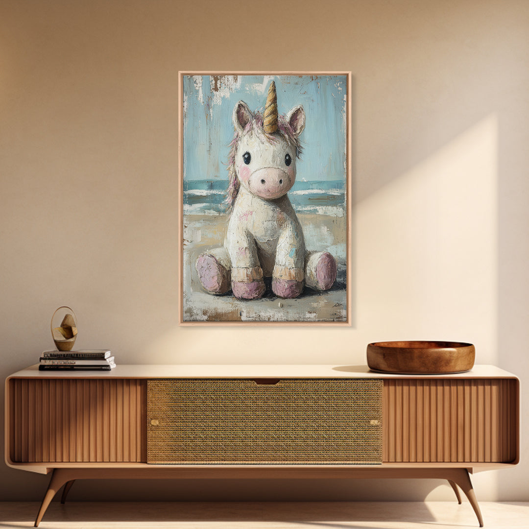 Cute Sitting Unicorn Nursery Wall Art, Whimsical Animal Canvas Print, Girls Room Decor, Magical Baby Shower Gift For Her