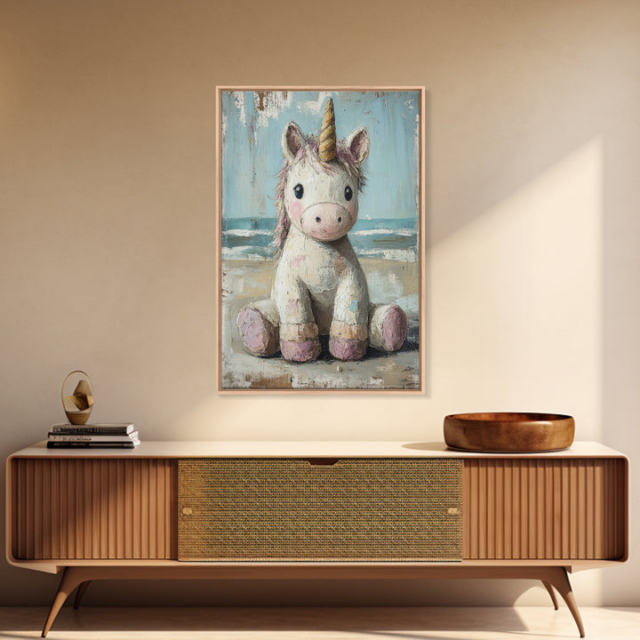 Cute Sitting Unicorn Nursery Wall Art, Whimsical Animal Canvas Print, Girls Room Decor, Magical Baby Shower Gift For Her