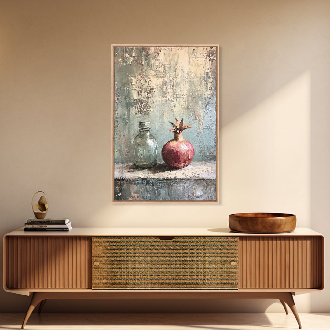 Pomegranate And Glass Bottle Still Life Wall Art, Rustic Fruit Canvas Print, Neutral Kitchen Decor, Housewarming Gift For Her