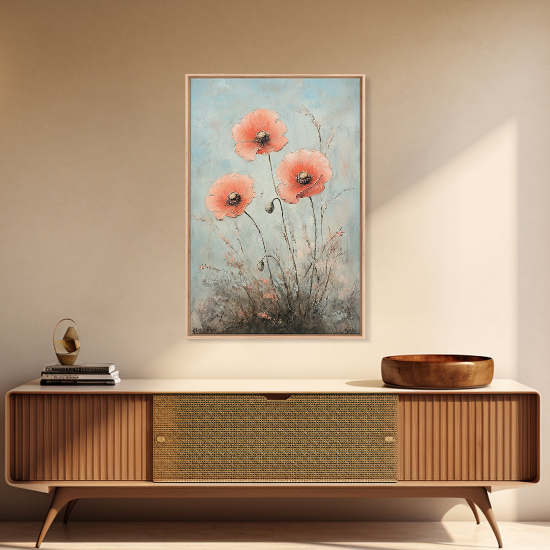Coral Poppy Flowers On Blue Background Wall Art, Botanical Canvas Print, Floral Wall Decor For Bedroom Home Decor Gift For Her