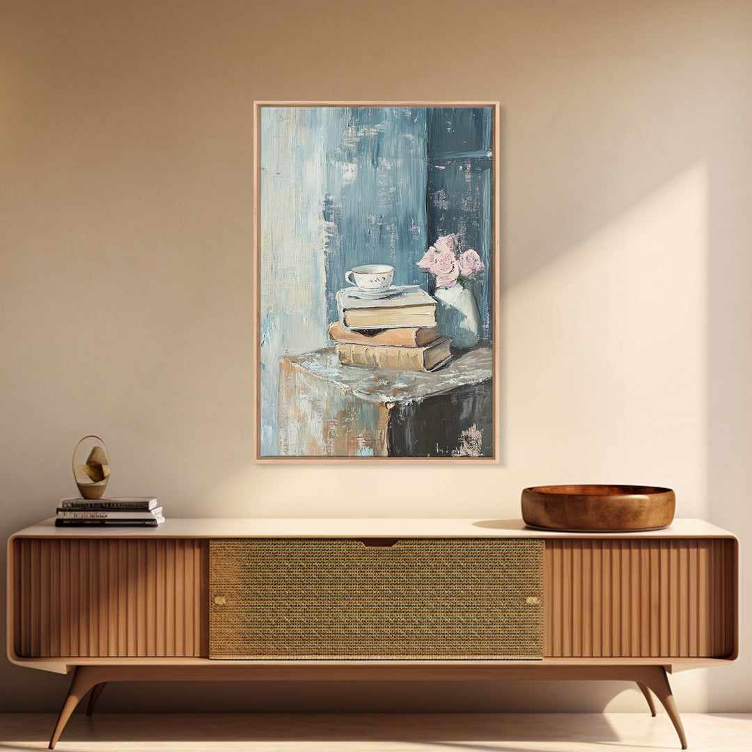 Stacked Books With Teacup And Pink Flowers Canvas Print, Cozy Reading Nook Wall Art, Library Home Decor Gift For Her