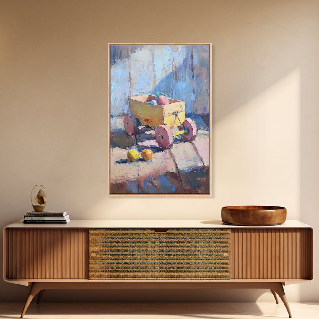 Yellow Toy Wagon With Fruit Still Life Canvas Print, Colorful Whimsical Wall Art, Kids Room Decor, Playroom Nursery Art Gift