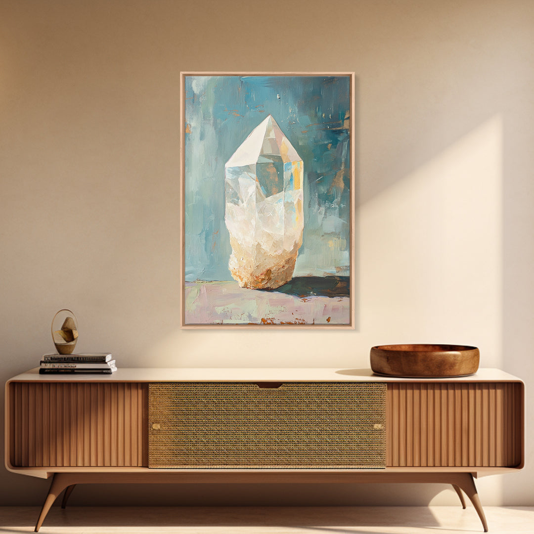 Glowing Crystal Quartz Still Life Wall Art, Spiritual Gemstone Canvas Print, Boho Home Decor, Mystical Gift For Her, Living Room Decor