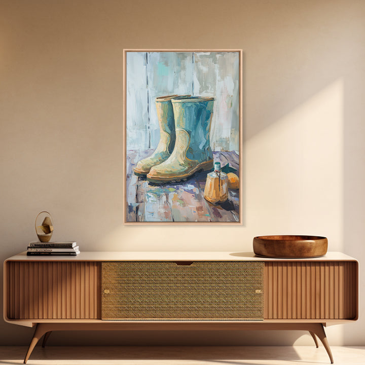 Blue Rain Boots And Small Jug Wall Art, Rustic Farmhouse Canvas Print, Country Home Decor, Mudroom Entryway Decor Gift For Her