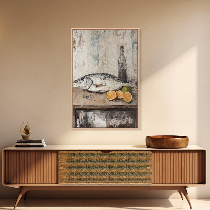 Fresh Fish With Citrus And Bottle Wall Art, Coastal Kitchen Canvas Print, Seafood Still Life, Rustic Dining Room Decor, Gift