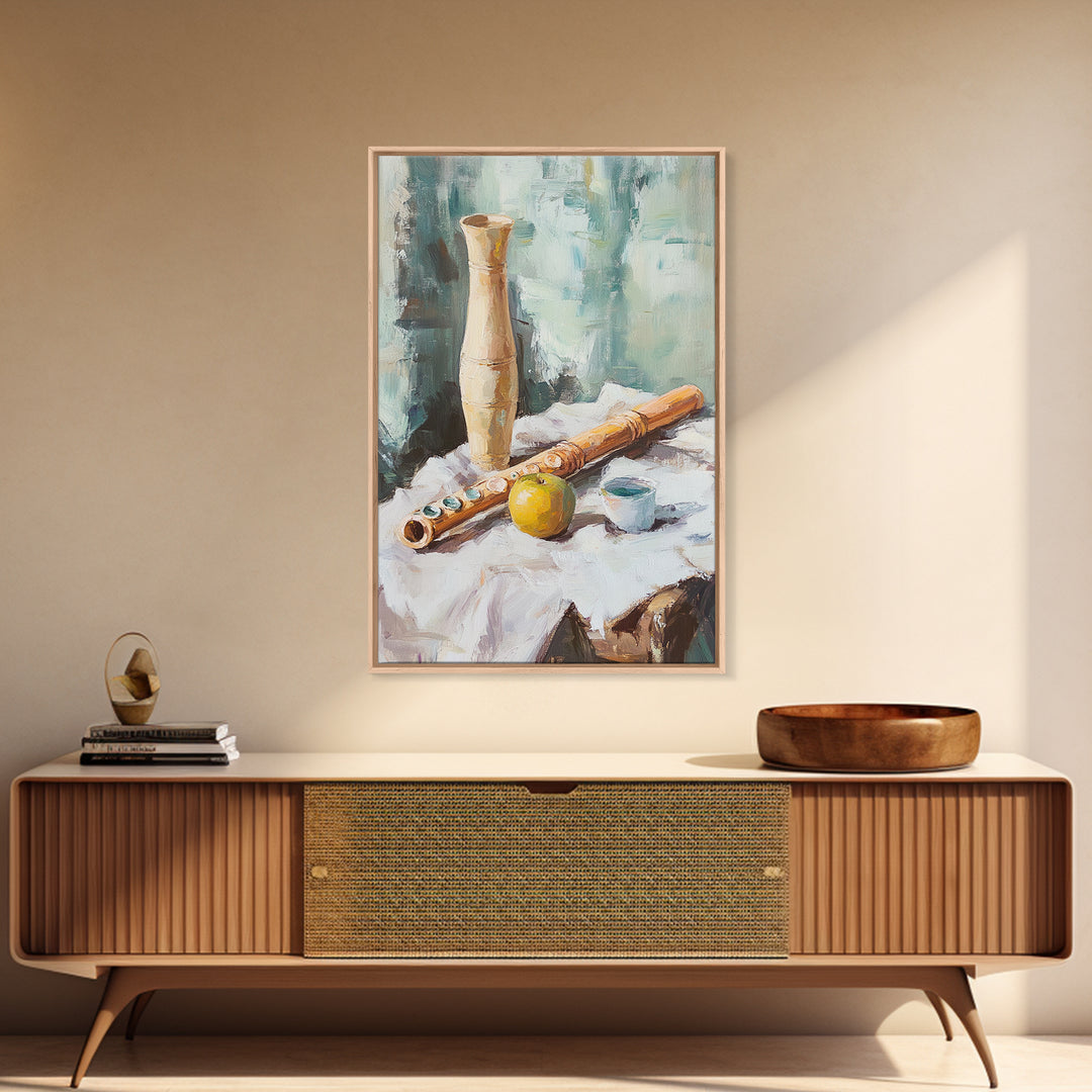 Wooden Flute Vase And Lemon Still Life Wall Art, Music Room Canvas Print, Boho Kitchen Decor, Rustic Instrument Art Gift