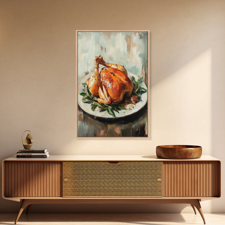 Roast Chicken With Herbs On Platter Wall Art, Rustic Kitchen Canvas Print, Farmhouse Dining Room Decor, Foodie Gift For Chef