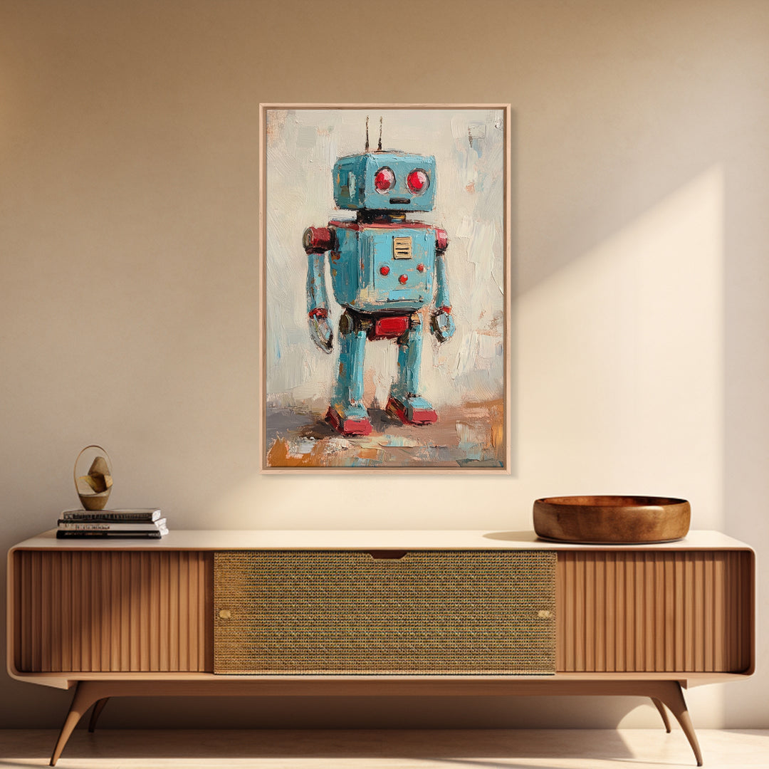 Whimsical Blue Toy Robot Oil Painting, Canvas Print For Kids Room Decor, Robot Wall Art, Sci Fi Nursery Art Gift, Modern Home Decor