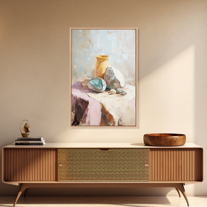 Neutral Stone And Amber Vase Still Life, Canvas Print For Minimalist Wall Art, Wabi Sabi Decor, Modern Home Decor, Fine Art Print