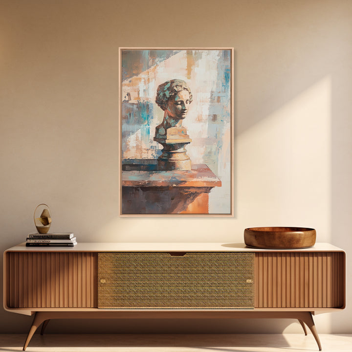 Classical Bust Sculpture On Wooden Shelf Painting, Canvas Print For Dark Academia Wall Art, Office Decor, Art History Gift