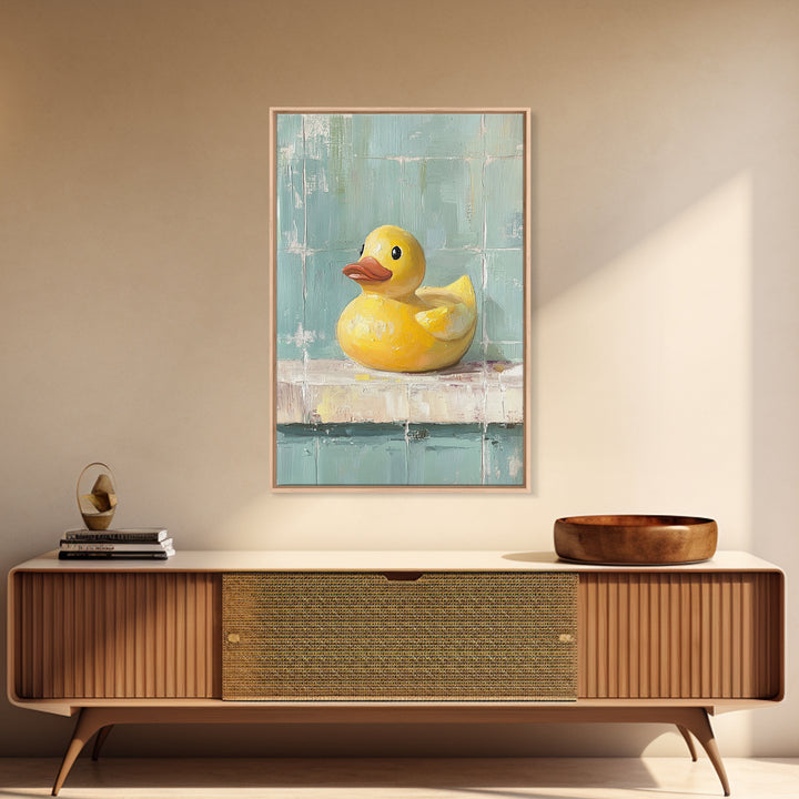 Bright Yellow Rubber Duck On Aqua Tile Painting, Canvas Print For Bathroom Wall Art, Funny Bathroom Decor, Kids Room Gift