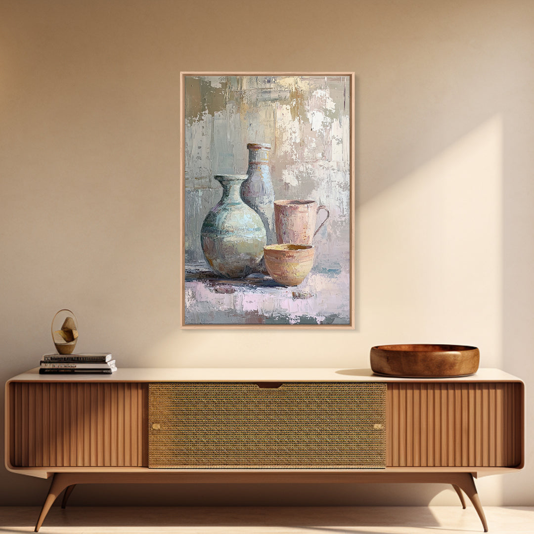 Textured Ceramic Vessels And Tea Cups Canvas Print, Neutral Kitchen Wall Art, Rustic Home Decor, Still Life Art Print Gift