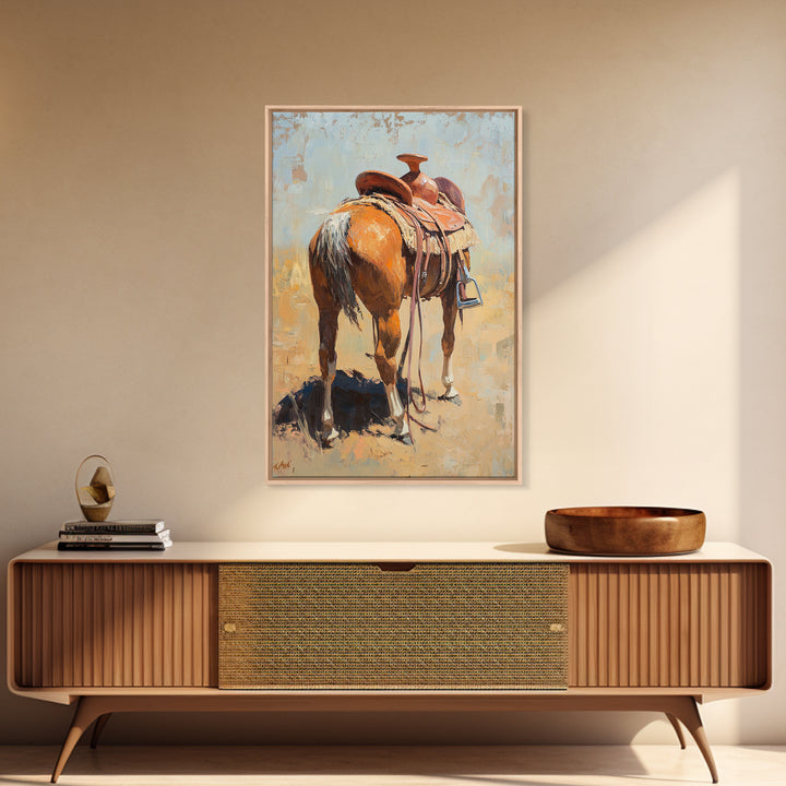 Saddled Chestnut Horse Western Canvas Print, Rustic Cowboy Wall Art, Equestrian Home Decor, Farmhouse Ranch Gift For Horse Lovers