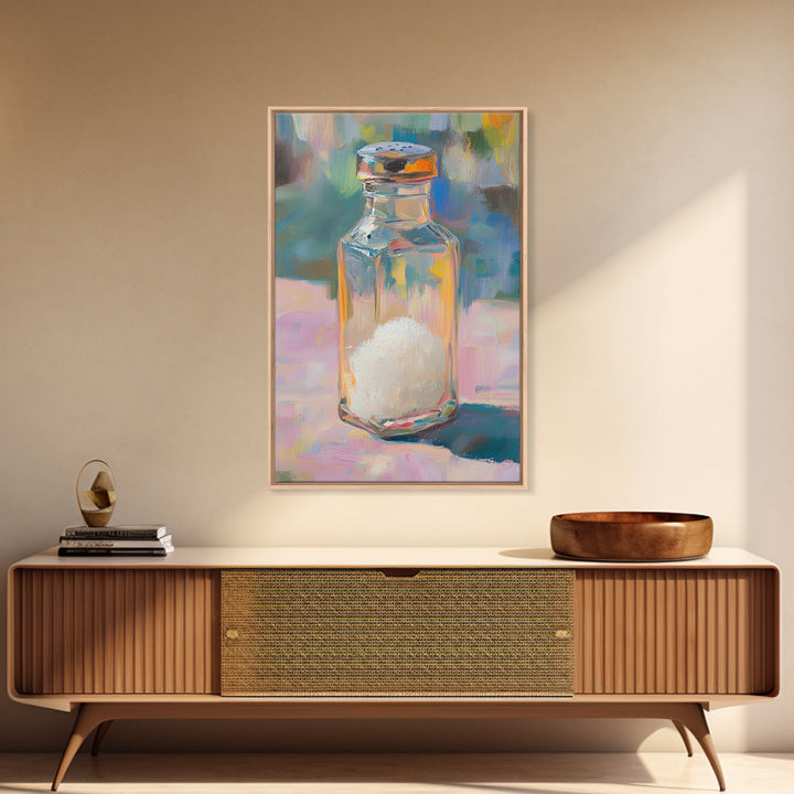 Colorful Glass Salt Shaker Canvas Print, Modern Kitchen Wall Art, Bright Still Life Painting, Dopamine Home Decor Gift Idea