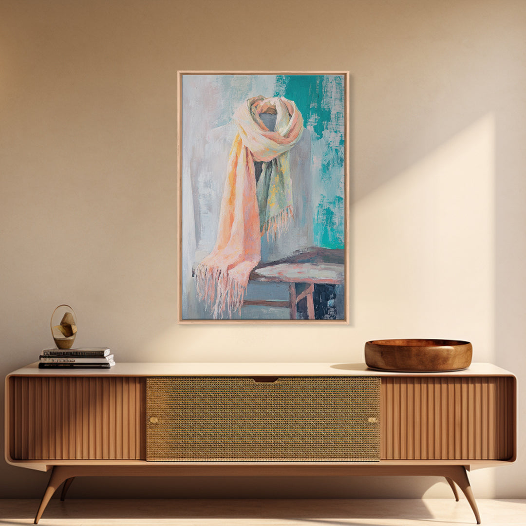 Soft Pastel Scarf On Dress Form Canvas Print, Feminine Wall Art, Fashion Studio Decor, Chic Neutral Bedroom Art Gift For Her