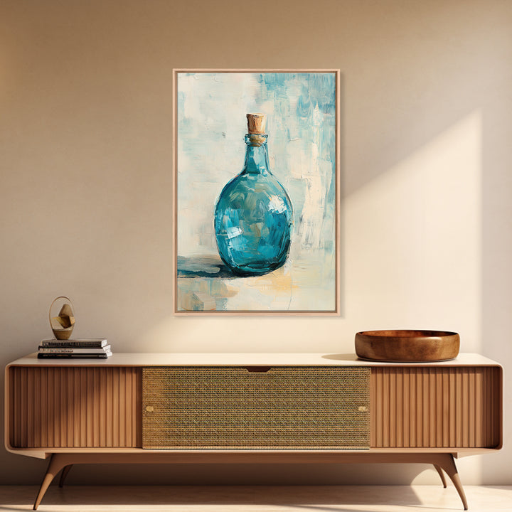 Turquoise Glass Bottle With Cork Canvas Print, Coastal Wall Art, Minimal Still Life Painting, Blue Bathroom Home Decor Gift