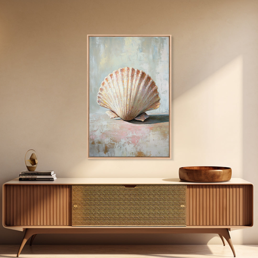 Textured Scallop Shell Still Life Wall Art, Coastal Beach House Decor, Seashell Painting, Neutral Bathroom Wall Decor, Spa Art