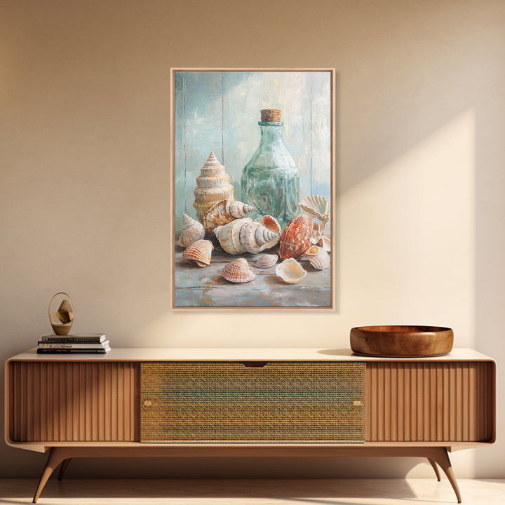 Sea Shells And Corked Glass Bottle Canvas Print, Coastal Wall Art, Beach House Decor, Nautical Bathroom Art, Ocean Print