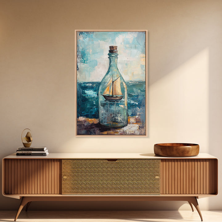 Ship In A Bottle Nautical Canvas Print, Coastal Wall Art, Sailboat Seascape, Ocean Decor, Beach House Statement Artwork Print