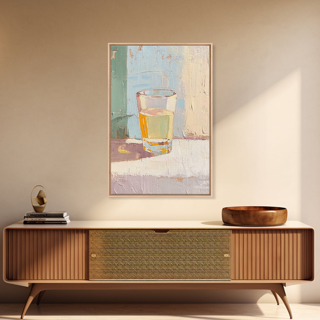 Minimal Glass Of Golden Tea Still Life Wall Art, Neutral Kitchen Decor, Modern Rustic Canvas Print, Soft Abstract Painting