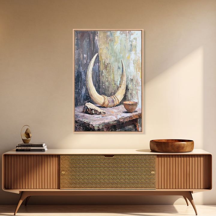 Curved Ivory Horn And Rustic Bowl Still Life Framed Canvas Print, African Inspired Wall Art, Tribal Decor, Moody Neutral Art