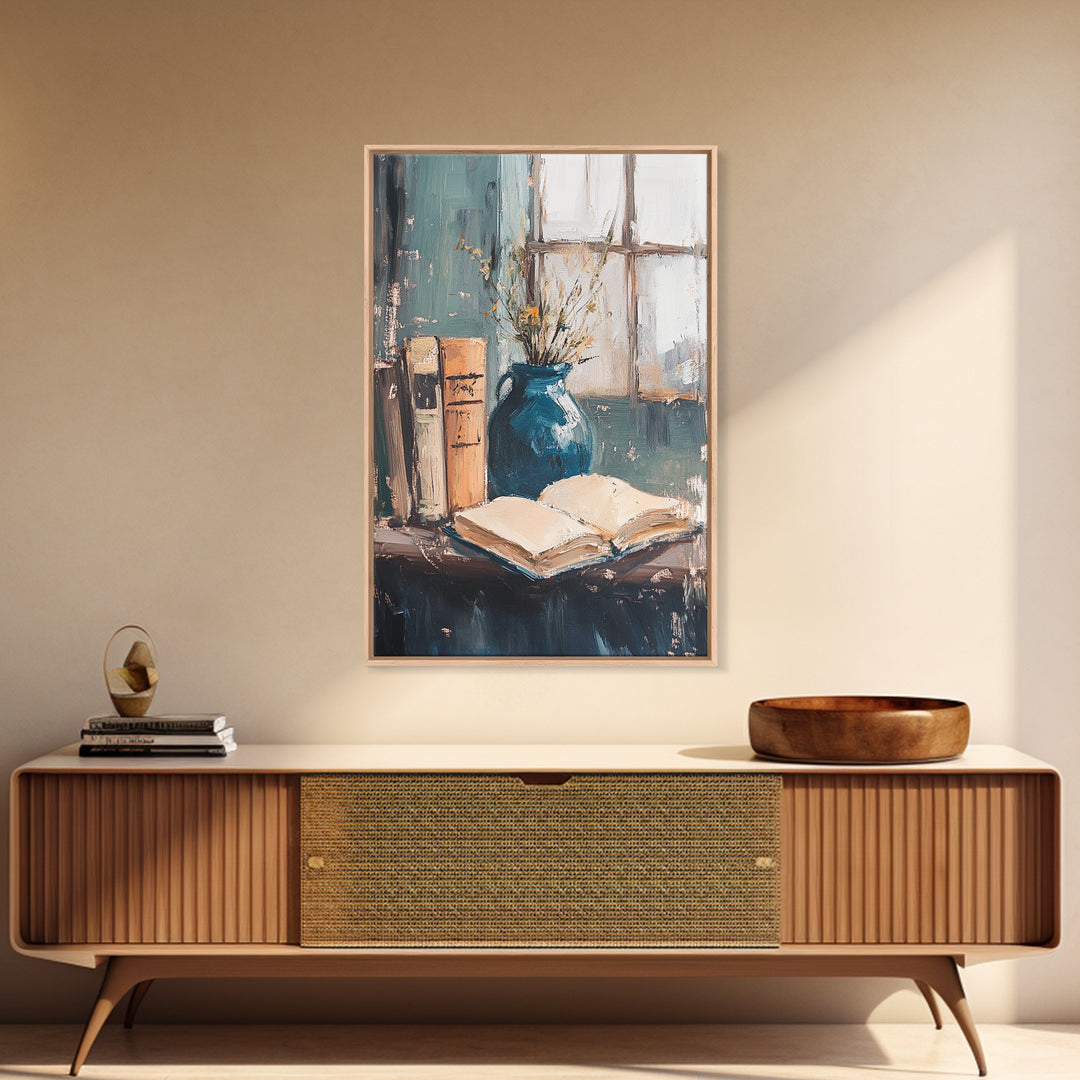 Open Book And Blue Vase Wall Art, Cozy Library Still Life, Dark Academia Decor, Reading Nook Art Print, Home Office Decor