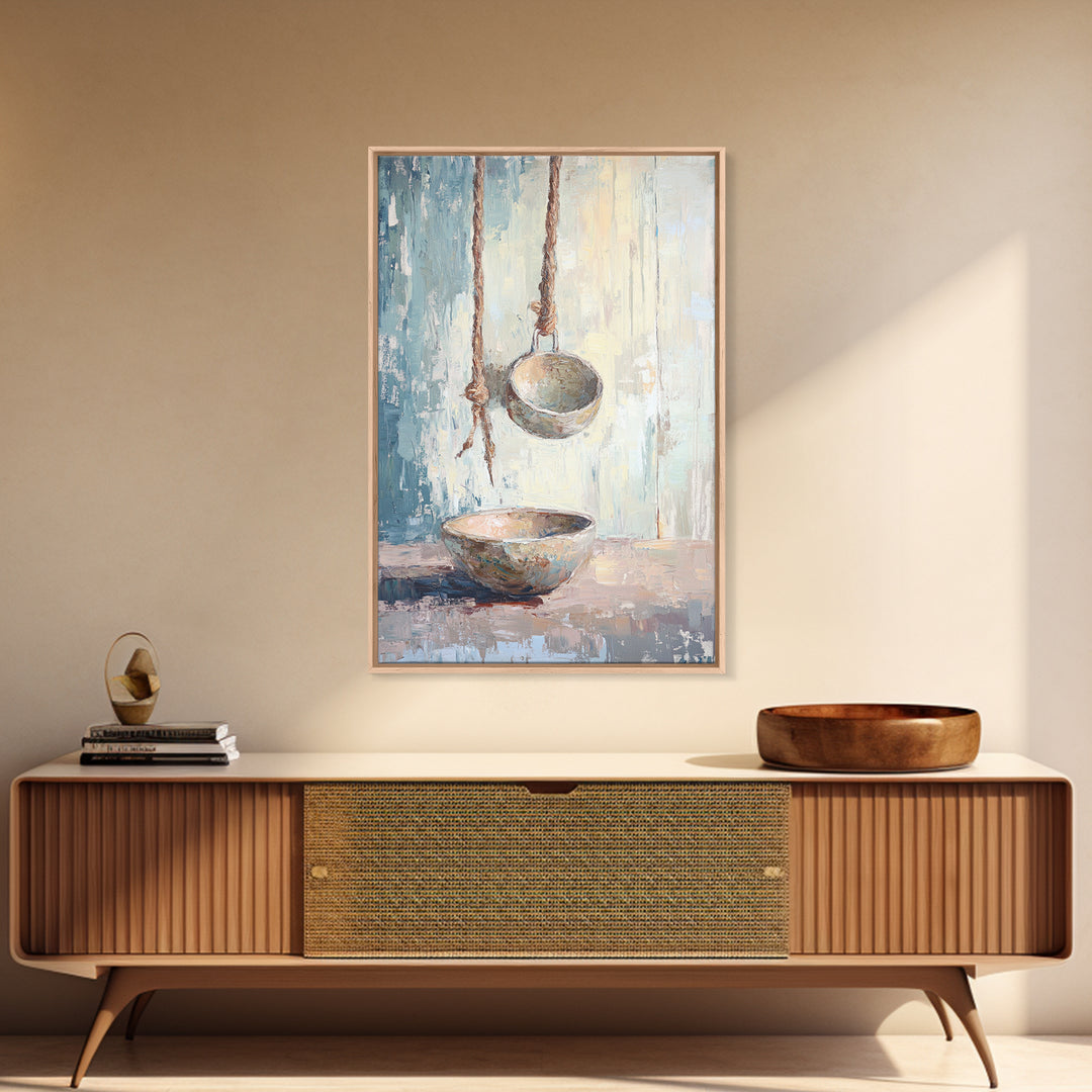 Hanging Ceramic Bowls Wall Art, Wabi Sabi Still Life Canvas Print, Neutral Rustic Kitchen Decor, Japandi Wall Decor Gift