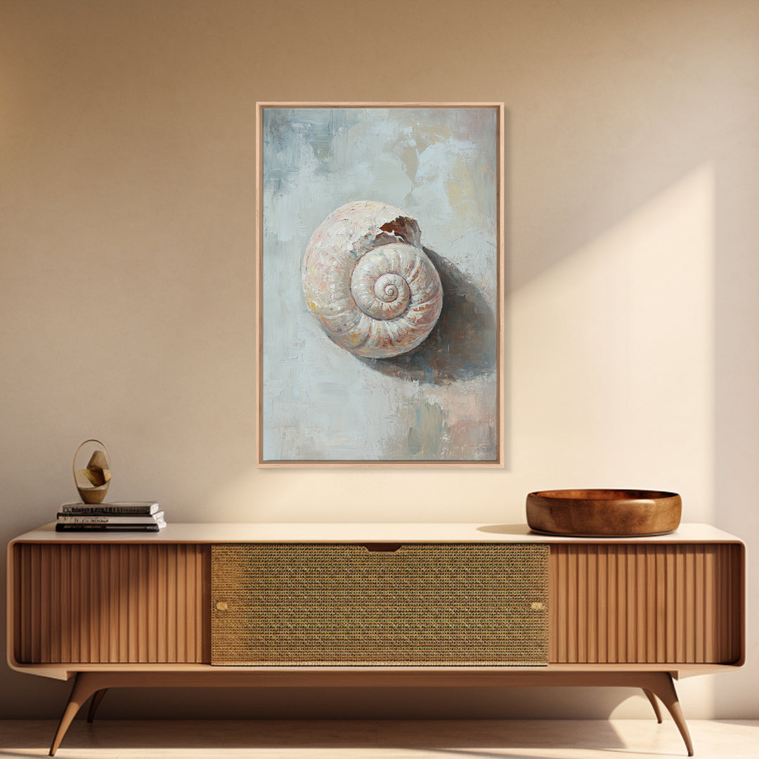 Textured Seashell Still Life Framed Canvas Print, Coastal Wall Art, Beach House Decor, Nautical Bathroom Wall Decor, Ocean Art