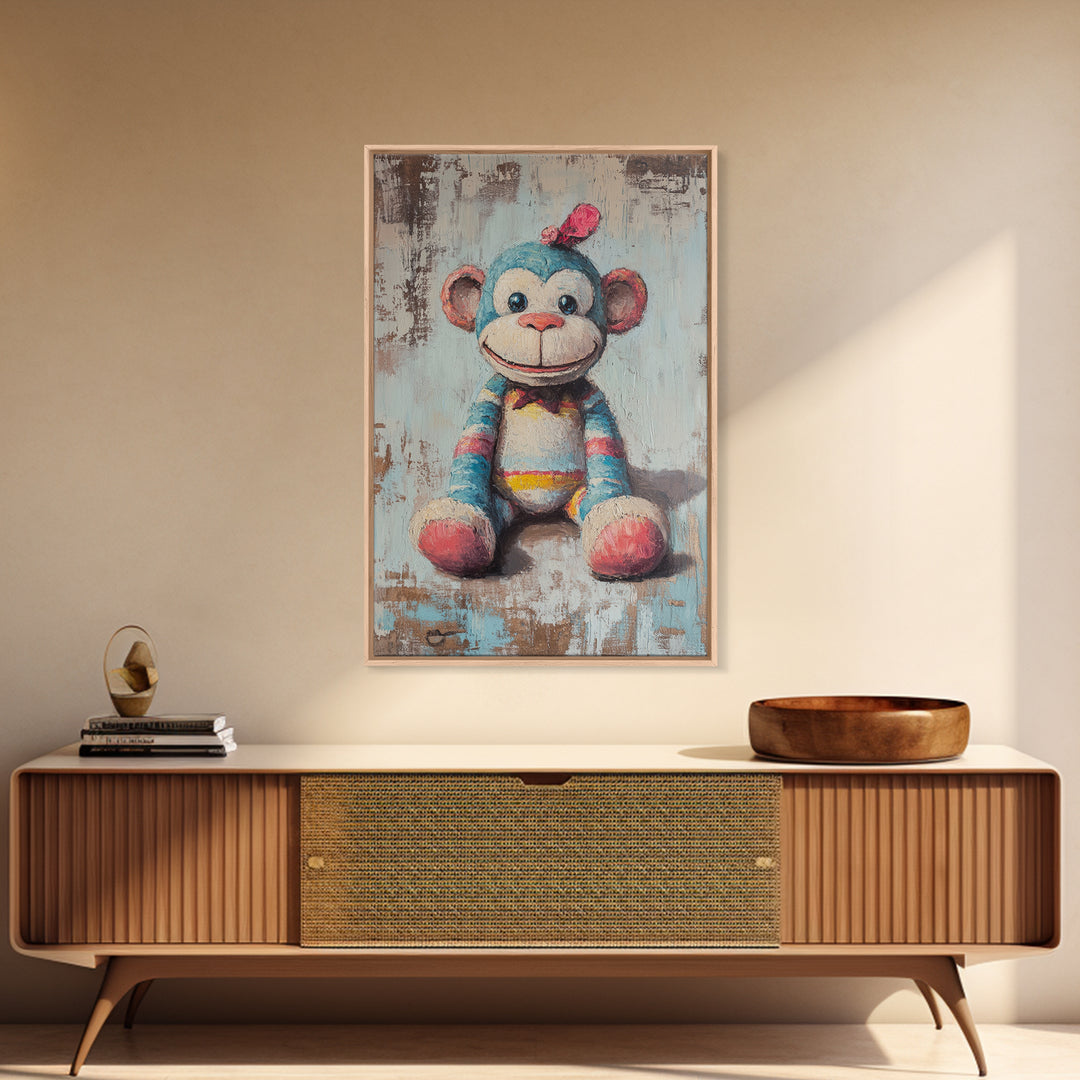 Whimsical Sock Monkey Canvas Print, Nursery Wall Art, Kids Room Decor, Cute Animal Art, Baby Shower Gift, Playroom Decor