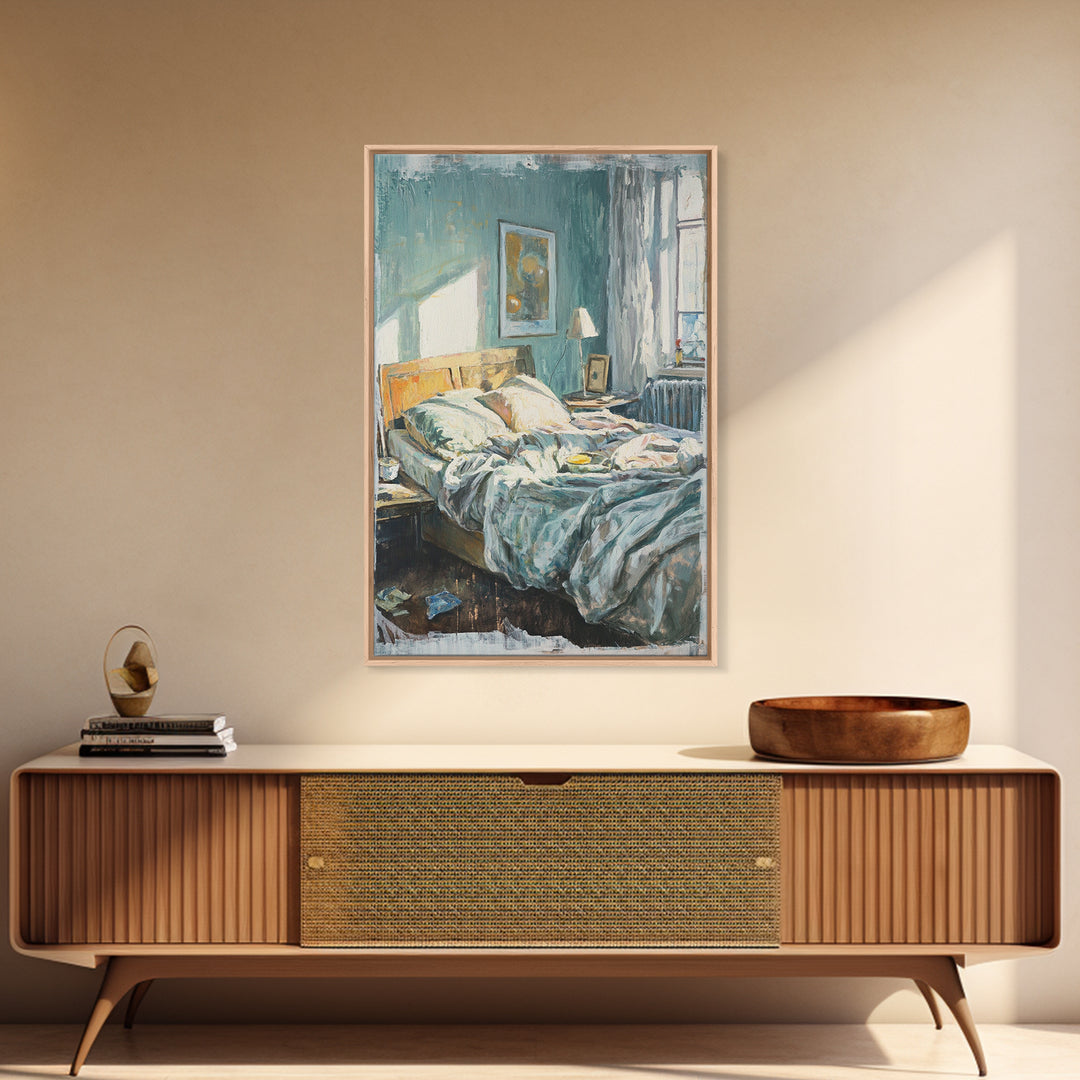 Messy Sunlit Bedroom Canvas Print, Cozy Bedroom Wall Art, Above Bed Decor, Modern Home Decor, Guest Room Wall Decor, Living Room Decor
