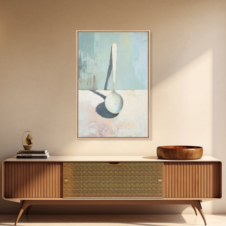 Single White Spoon Minimal Still Life Wall Art, Blue Shadow Minimalist Decor, Neutral Kitchen Print, Modern Canvas Print