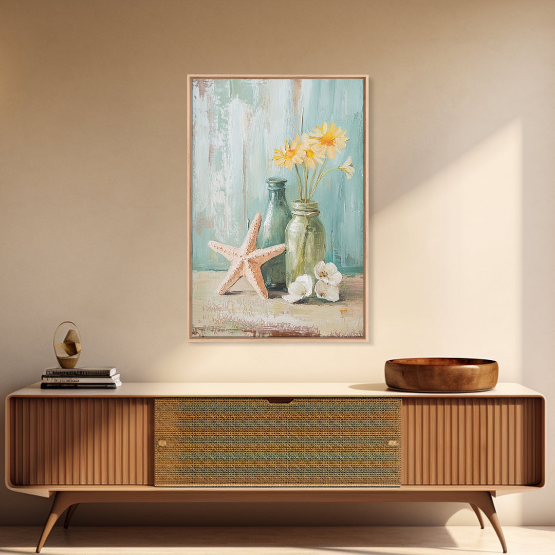 Starfish Daisies And Sea Glass Bottles Coastal Wall Art, Beach House Decor, Floral Canvas Print, Summer Gift For Her, Bathroom Decor