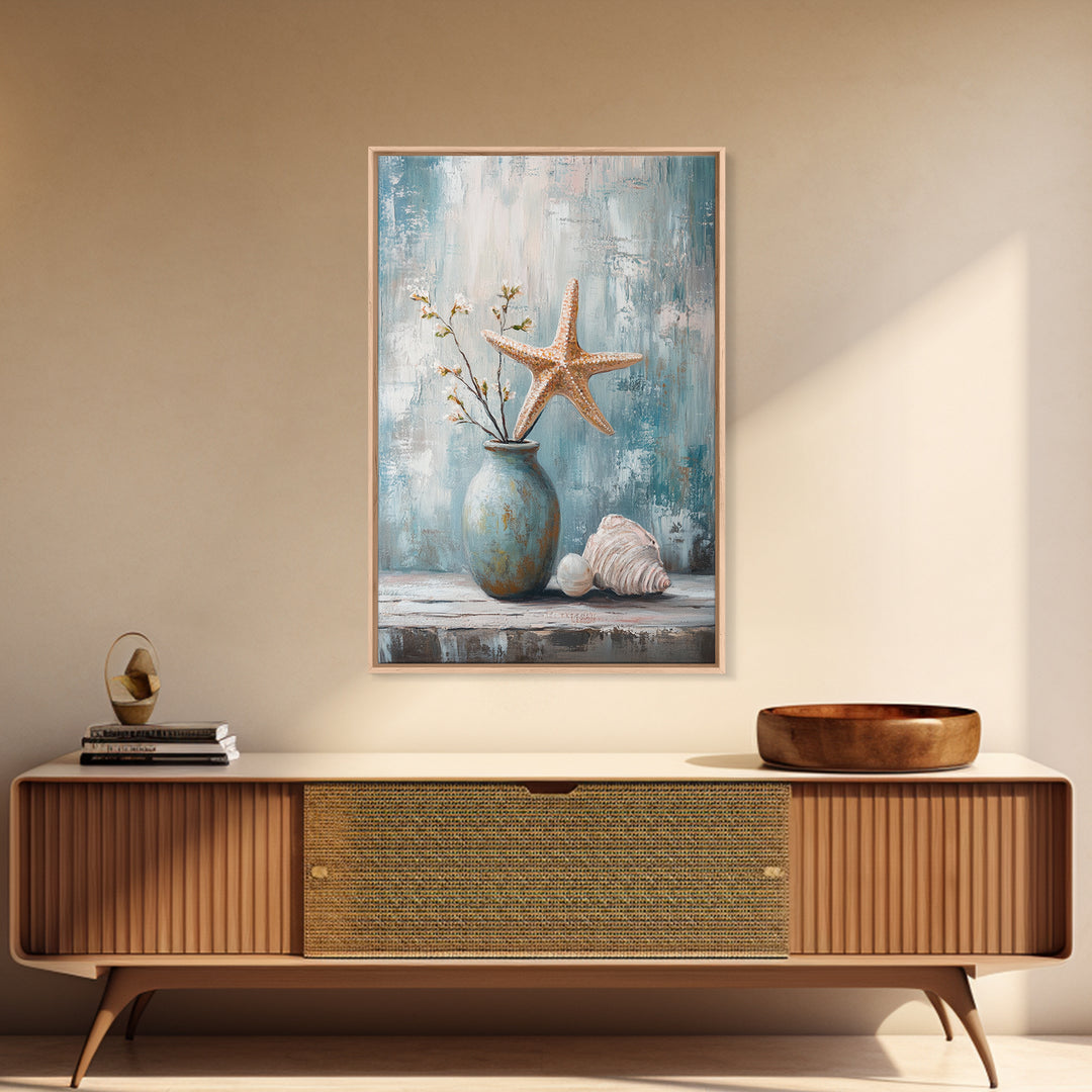 Orange Starfish Seashell And Blue Vase Coastal Wall Art, Nautical Beach Decor, Ocean Canvas Print, Serene Bathroom Art For Home