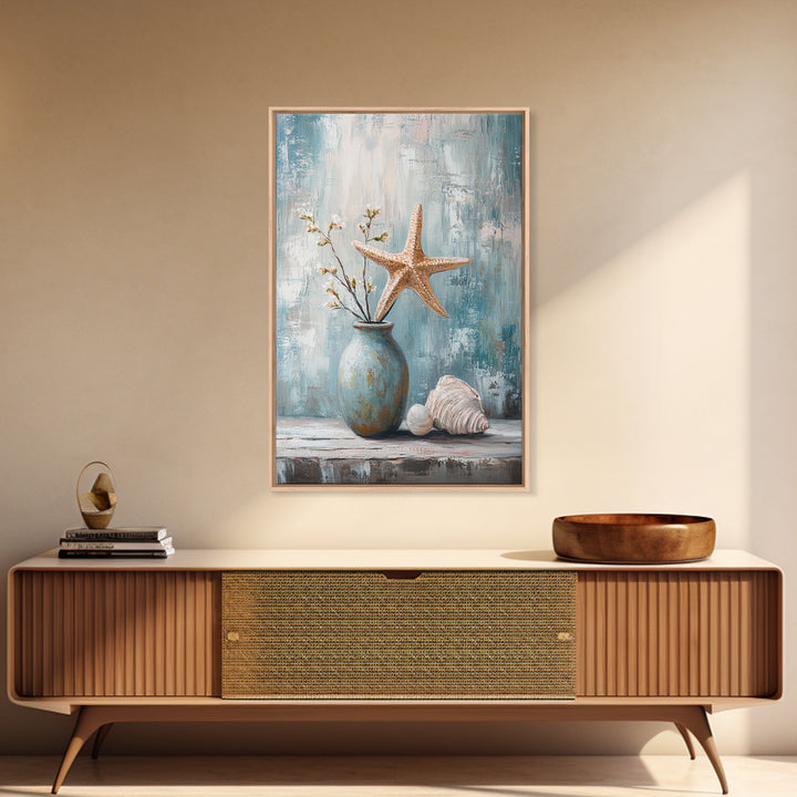 Orange Starfish Seashell And Blue Vase Coastal Wall Art, Nautical Beach Decor, Ocean Canvas Print, Serene Bathroom Art For Home