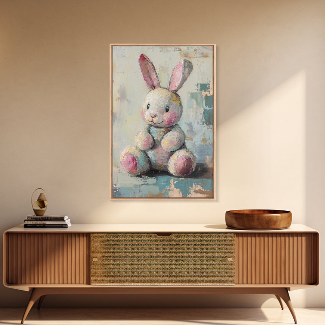 Plush Bunny Toy With Pink Ears Canvas Print, Whimsical Nursery Wall Art, Baby Girl Room Decor, Cute Animal Art, Baby Shower Gift