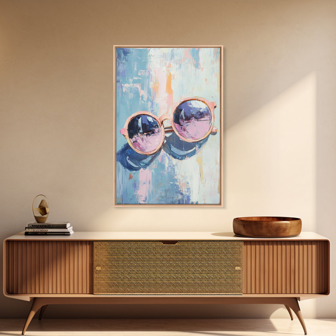 Pink Sunglasses On Blue Abstract Canvas Print, Fashion Wall Art, Dopamine Decor, Trendy Prints, Cool Girl Room Decor, Modern Wall Decor